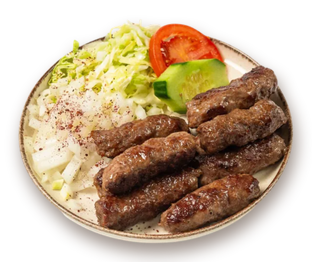 Ćevapčići mit Lepinja, Zwiebel, Kraut und Tomate